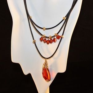 Handcrafted Necklace of Red Swarovski Pendant and Crystals on Black Leather